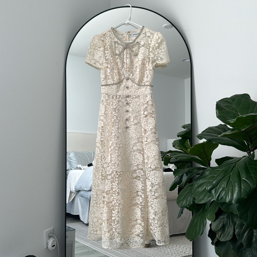 Self-Portrait Midi Dress In Floral Lace With Crystal Bow